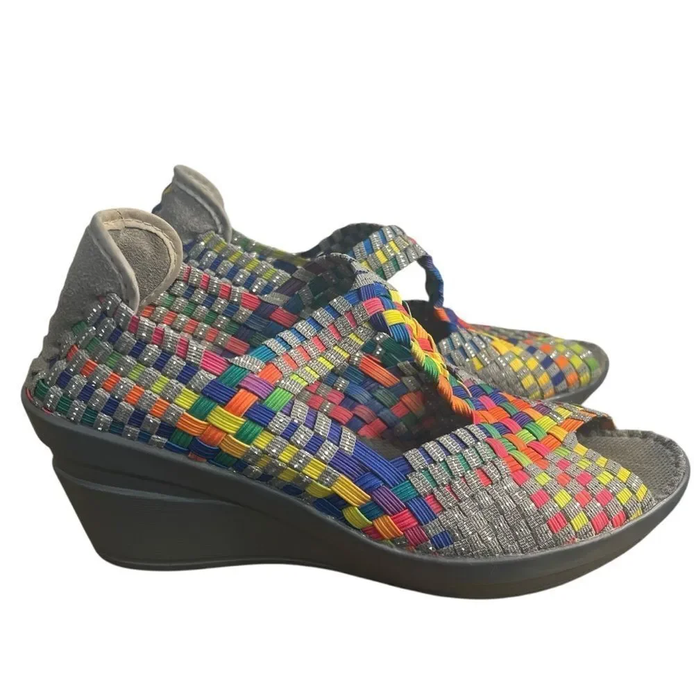 Bernie Mev Calypso Woven Platform Sandal size 8M Colorful Peep Toe Wedge Shoes